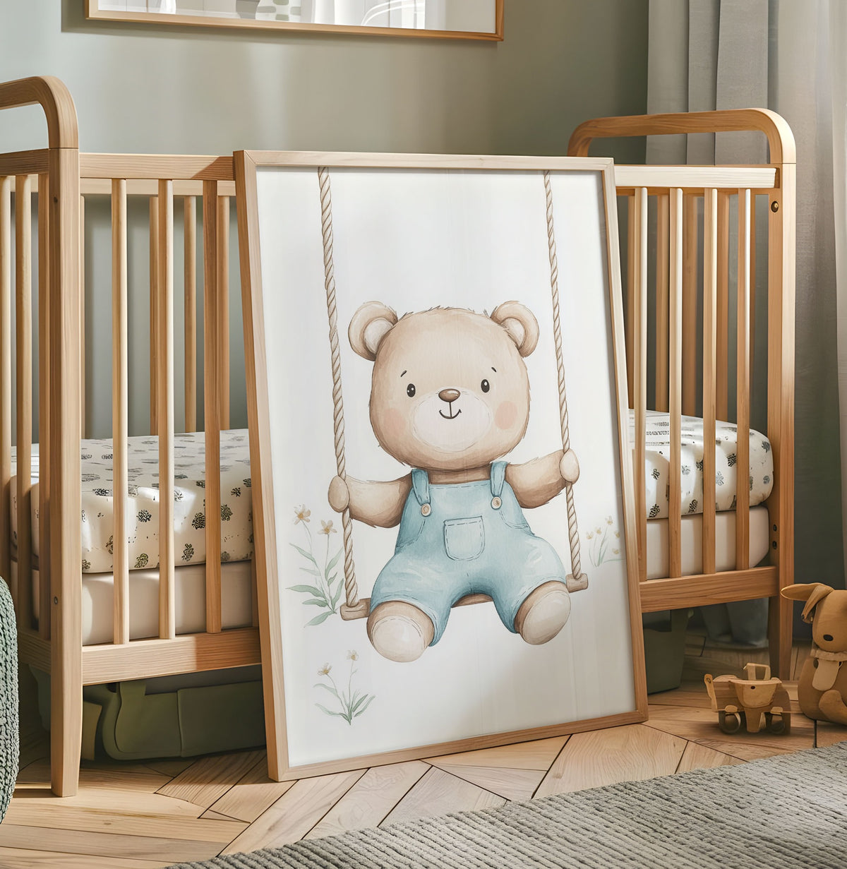 Cute teddy bear on a swing nursery wall art print with soft blue overalls