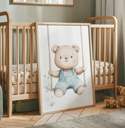 Cute teddy bear on a swing nursery wall art print with soft blue overalls