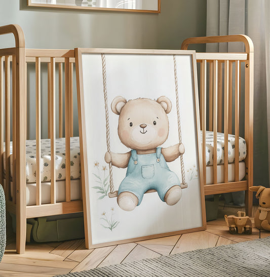 Cute teddy bear on a swing nursery wall art print with soft blue overalls