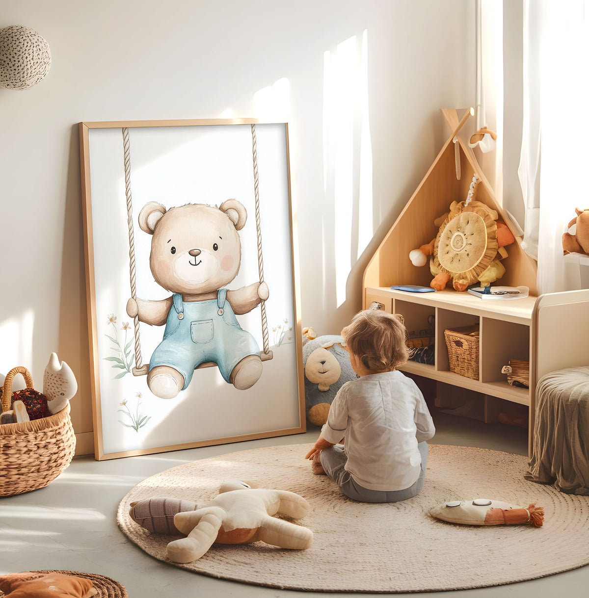 Teddy bear swing nursery print displayed in a bright child's room