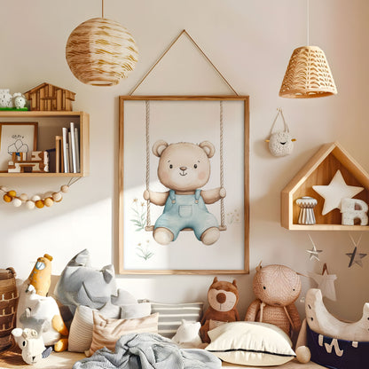 Watercolour teddy bear on swing nursery wall art in a warm kids bedroom