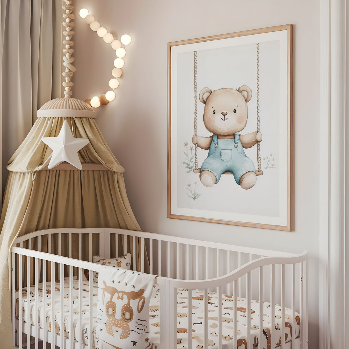 Teddy bear swing nursery wall art displayed above a cot