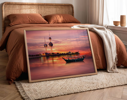 Kuwait Towers Print, Sunset City Skyline Wall Art Poster, Middle East Travel Decor