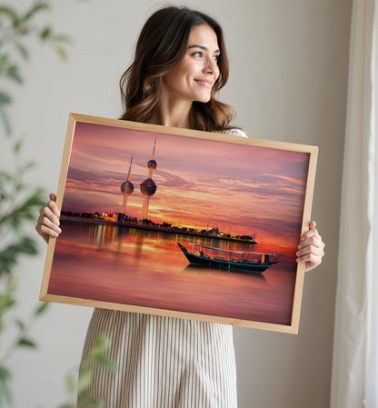 Kuwait Towers Print, Sunset City Skyline Wall Art Poster, Middle East Travel Decor
