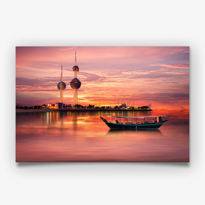 Kuwait Towers Print, Sunset City Skyline Wall Art Poster, Middle East Travel Decor