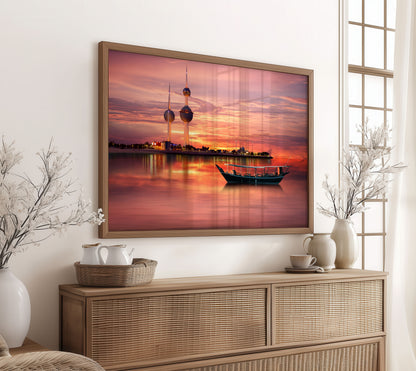 Kuwait Towers Print, Sunset City Skyline Wall Art Poster, Middle East Travel Decor