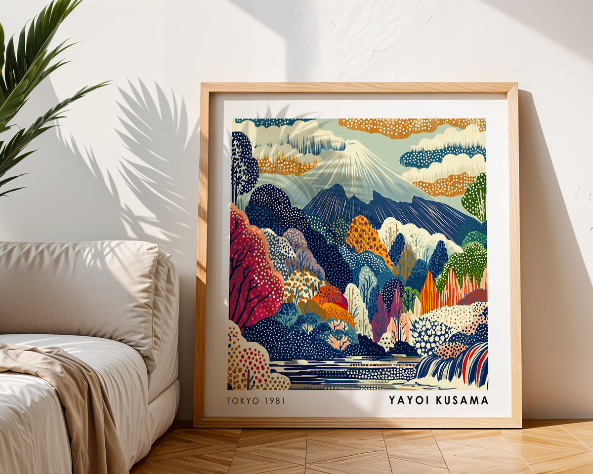 Yayoi Kusama Inspired Mount Fuji Autumn Print | Japanese Forest Waterfall Wall Art