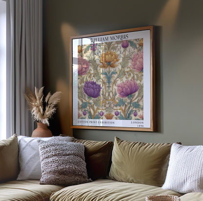William Morris Style Pastel Floral Print – Pink & Lilac Square Wall Art