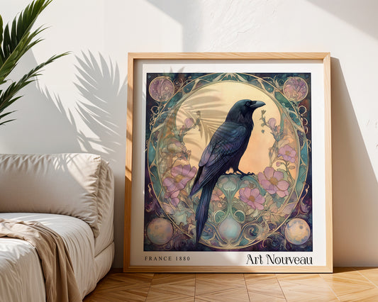 Raven Art Nouveau Print - Art Deco Poster - Vintage Floral Wall Art