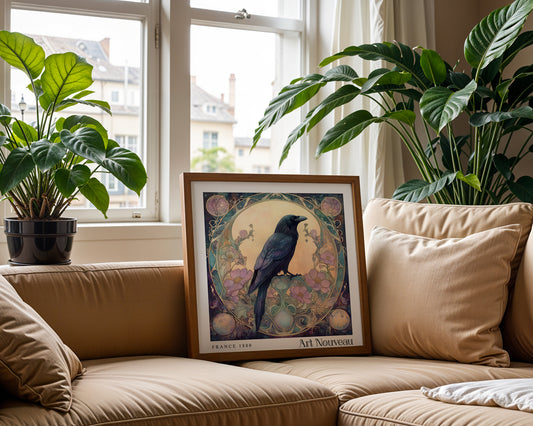Raven Art Nouveau Print - Art Deco Poster - Vintage Floral Wall Art