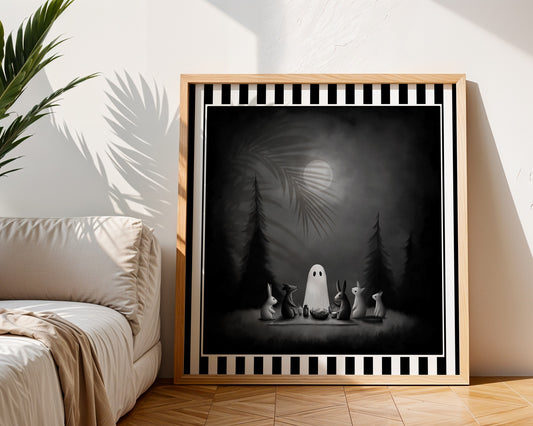 Moonlit ghost picnic gothic print displayed in a light wood frame in a living room