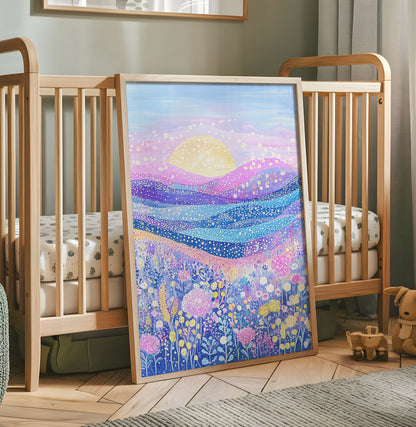 Colourful floral sunset landscape nursery wall art in pink blue purple and yellow