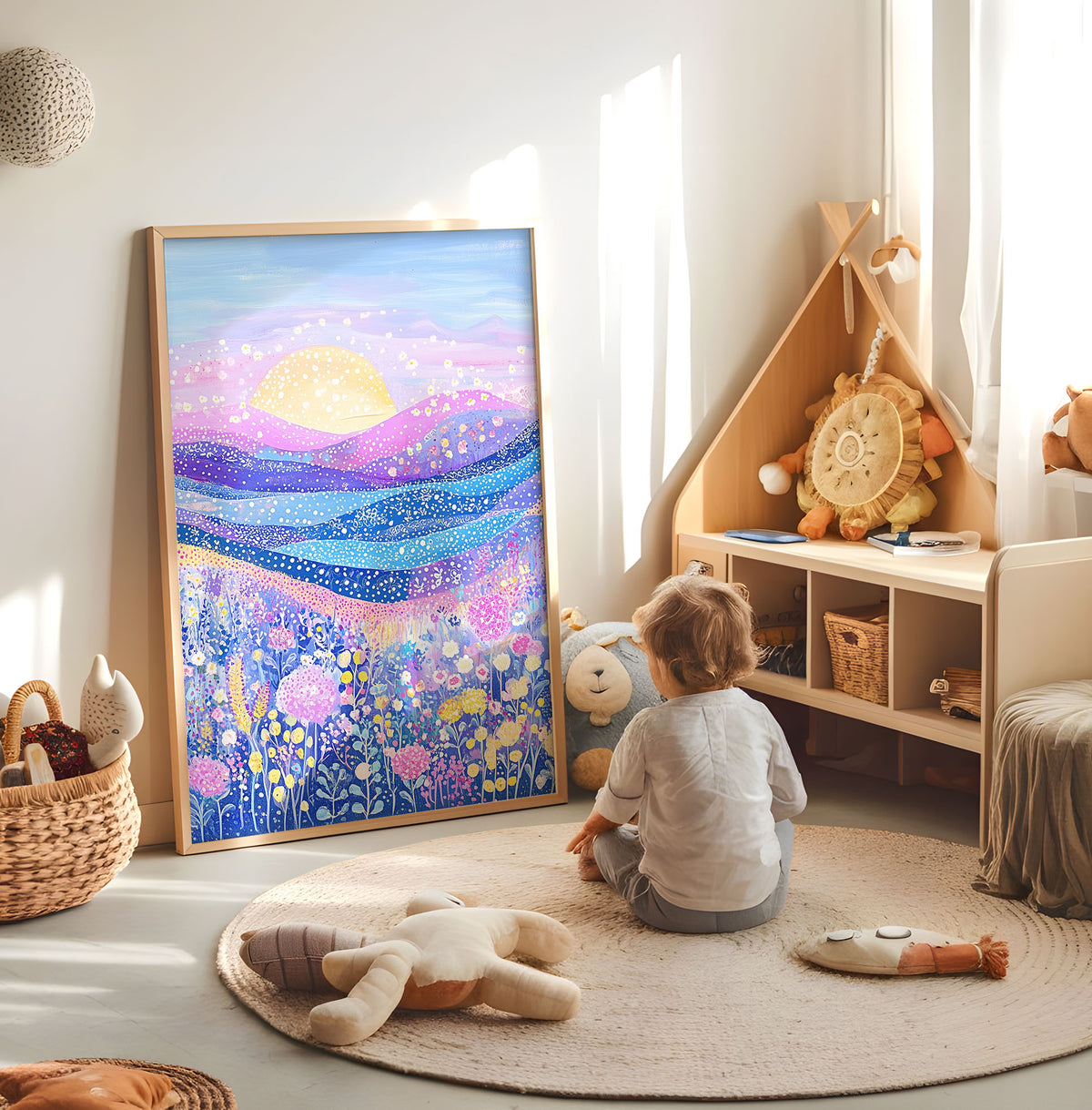 Colourful sunset and wildflower nursery print displayed in a bright child's room