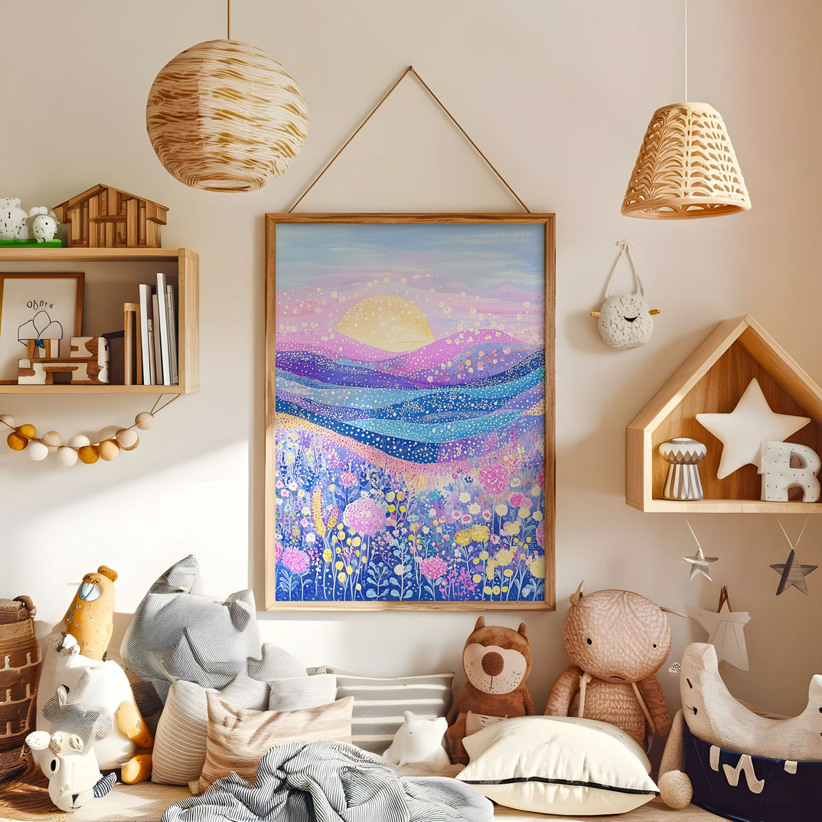 Pink purple and blue floral sunset landscape wall art in a warm nursery