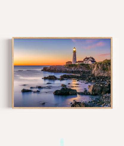 Rocky Lighthouse Print, Coastal Sunset Photography Wall Art Poster, Seaside Ocean Decor