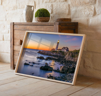 Rocky Lighthouse Print, Coastal Sunset Photography Wall Art Poster, Seaside Ocean Decor
