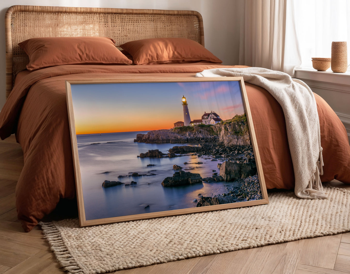 Rocky Lighthouse Print, Coastal Sunset Photography Wall Art Poster, Seaside Ocean Decor