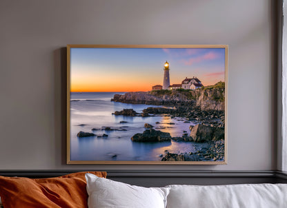 Rocky Lighthouse Print, Coastal Sunset Photography Wall Art Poster, Seaside Ocean Decor