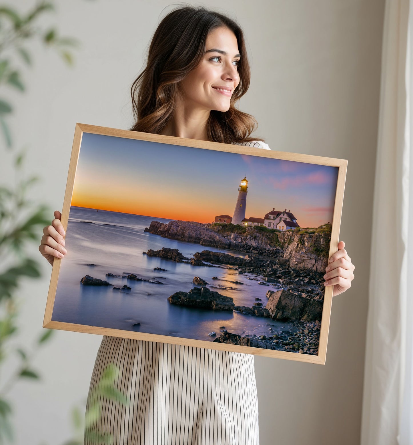 Rocky Lighthouse Print, Coastal Sunset Photography Wall Art Poster, Seaside Ocean Decor