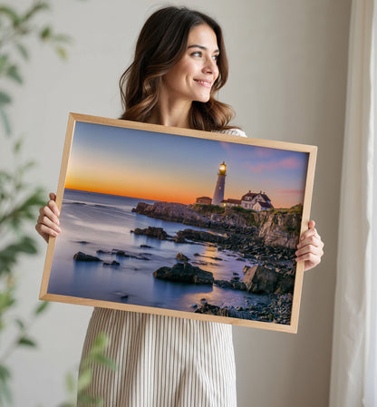 Rocky Lighthouse Print, Coastal Sunset Photography Wall Art Poster, Seaside Ocean Decor