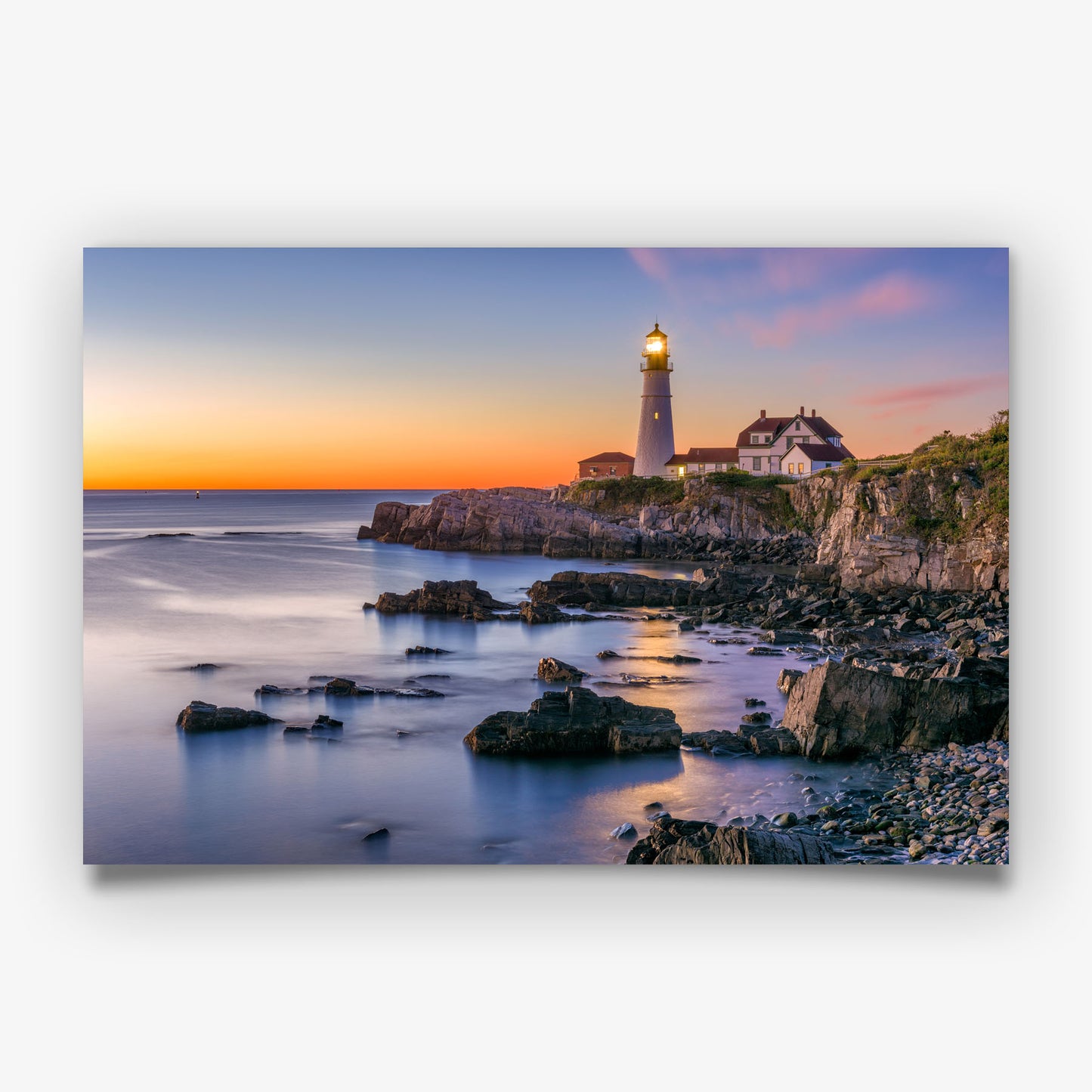Rocky Lighthouse Print, Coastal Sunset Photography Wall Art Poster, Seaside Ocean Decor