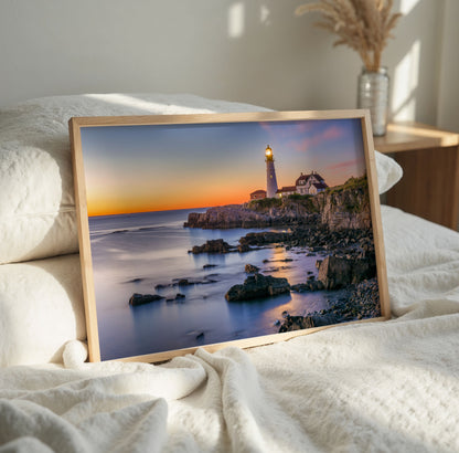 Rocky Lighthouse Print, Coastal Sunset Photography Wall Art Poster, Seaside Ocean Decor