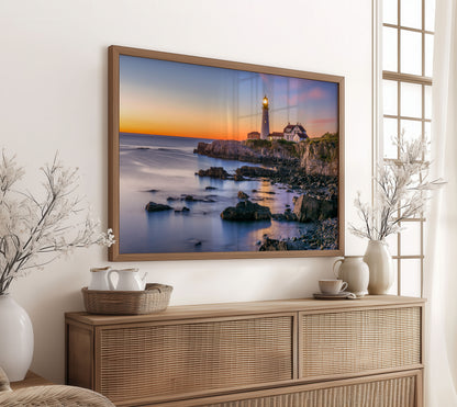 Rocky Lighthouse Print, Coastal Sunset Photography Wall Art Poster, Seaside Ocean Decor