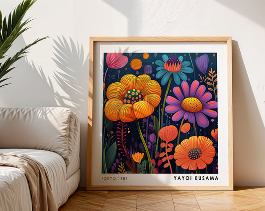 Yayoi Kusama Inspired Colourful Flower Print | Orange Purple Japanese Floral Wall Art