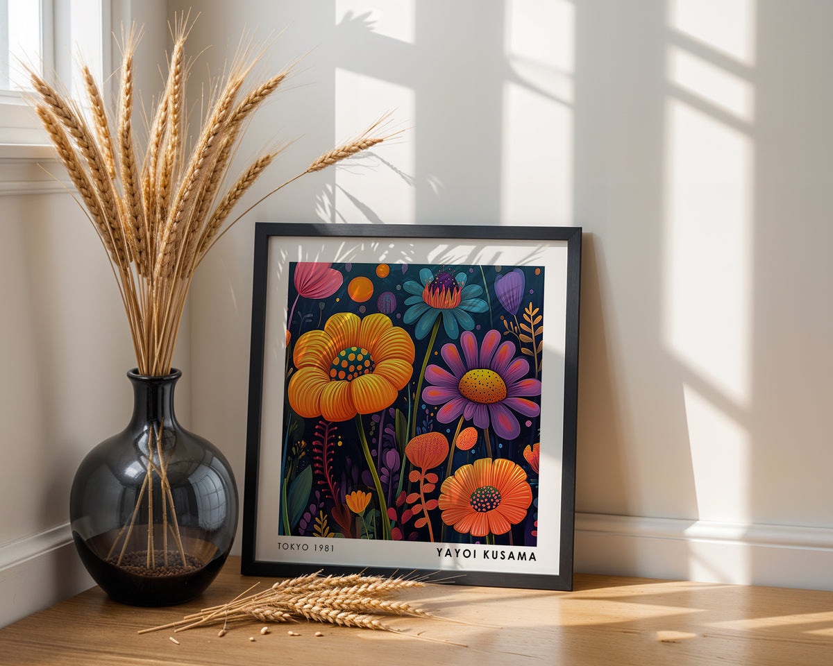 Yayoi Kusama Inspired Colourful Flower Print | Orange Purple Japanese Floral Wall Art