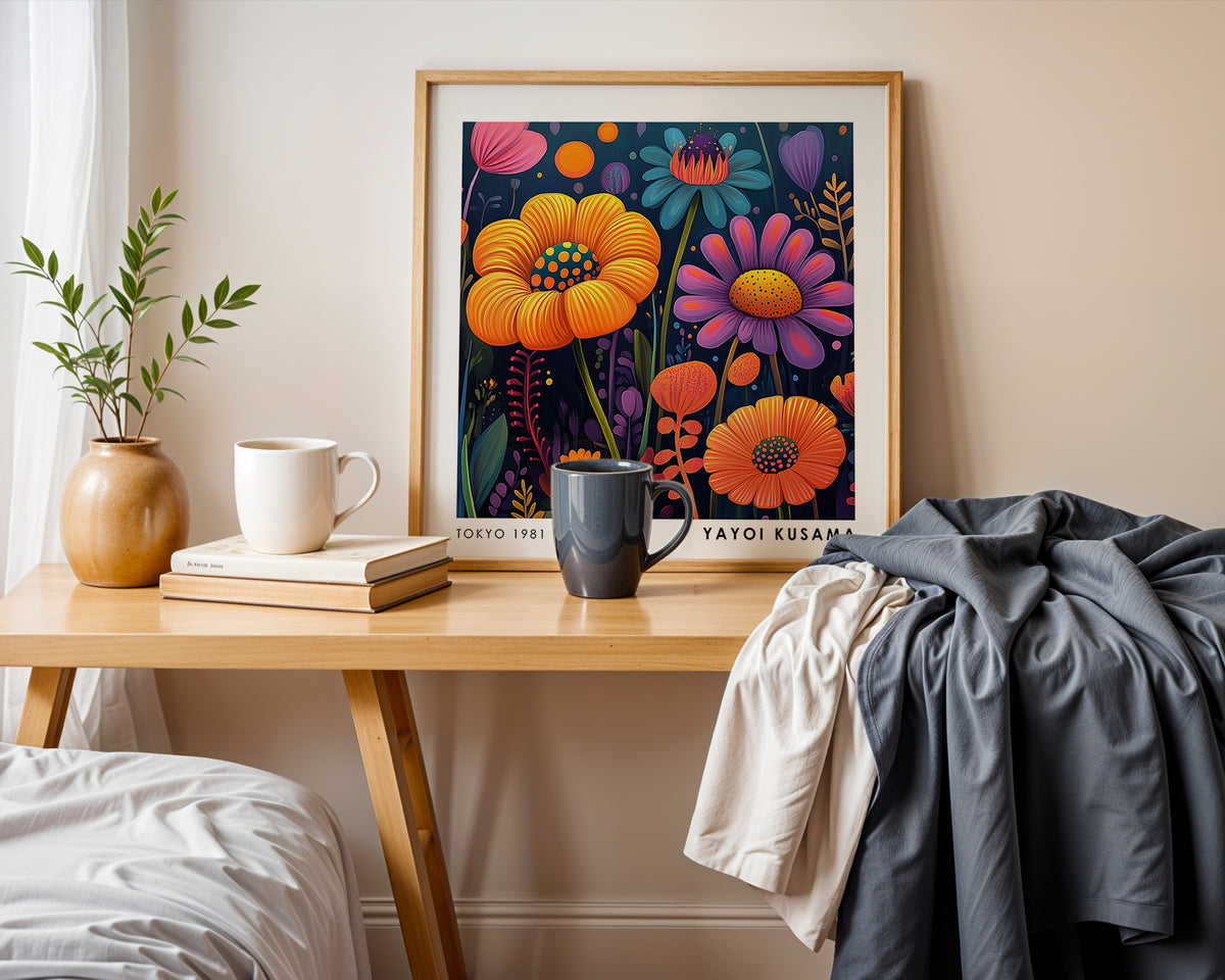 Yayoi Kusama Inspired Colourful Flower Print | Orange Purple Japanese Floral Wall Art