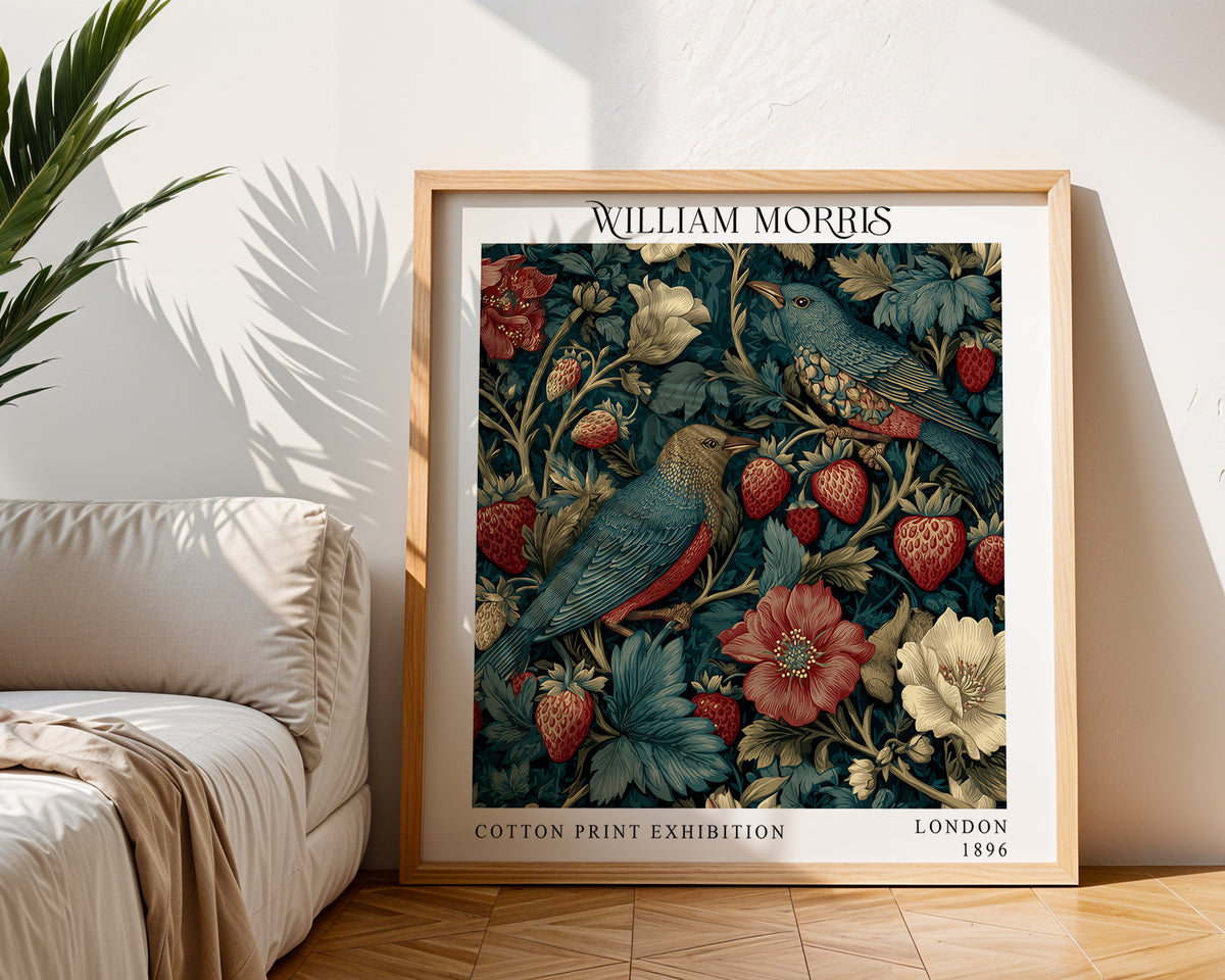 William Morris Style Birds & Strawberry Print – Dark Teal Square Wall Art