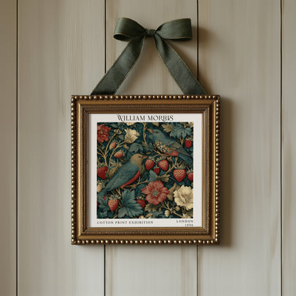 William Morris Style Birds & Strawberry Print – Dark Teal Square Wall Art
