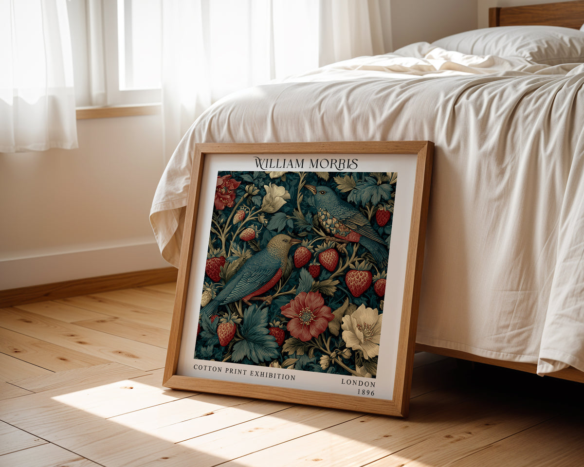 William Morris Style Birds & Strawberry Print – Dark Teal Square Wall Art