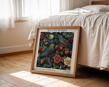 William Morris Style Birds & Strawberry Print – Dark Teal Square Wall Art