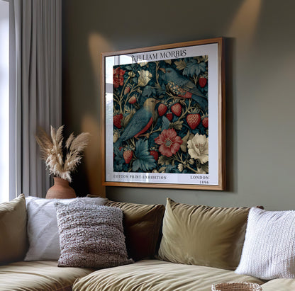 William Morris Style Birds & Strawberry Print – Dark Teal Square Wall Art