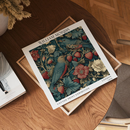 William Morris Style Birds & Strawberry Print – Dark Teal Square Wall Art