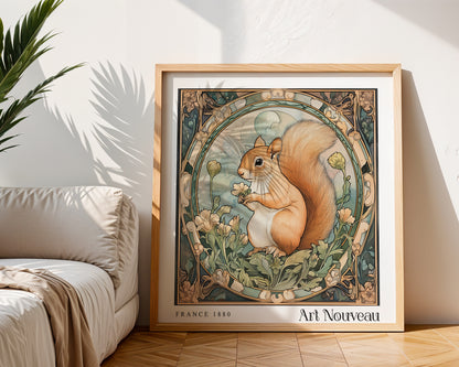 Squirrel Art Nouveau Print - Art Deco Poster - Vintage Floral Wall Art