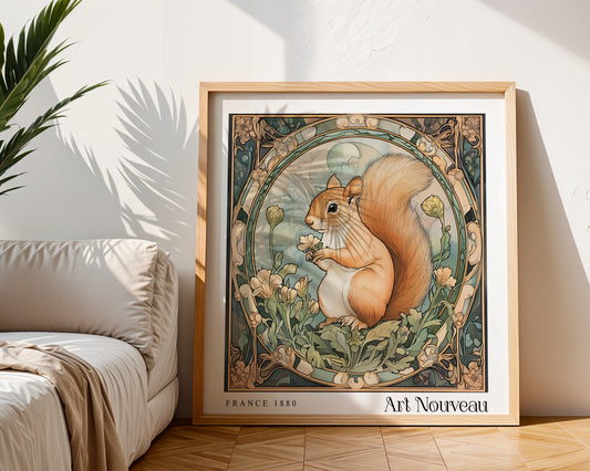 Squirrel Art Nouveau Print - Art Deco Poster - Vintage Floral Wall Art