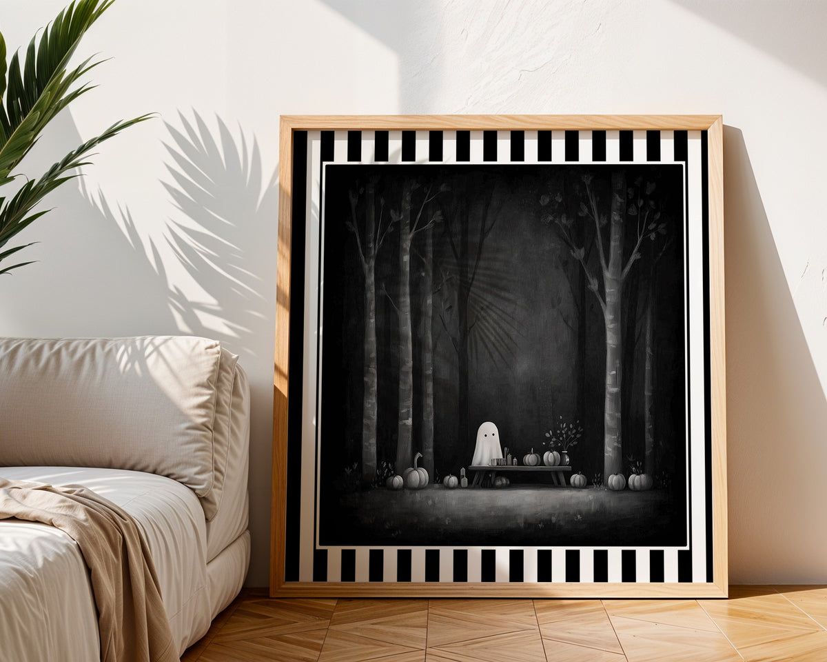 Ghost pumpkin picnic gothic print displayed in a light wood frame in a living room