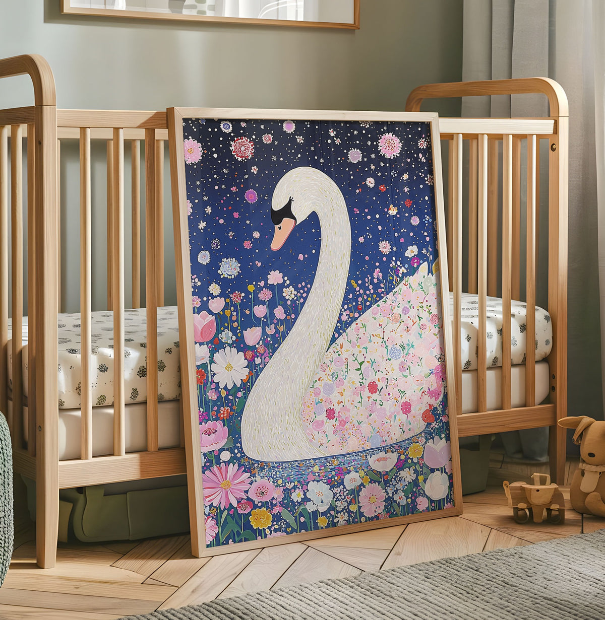 White swan nursery wall art with colourful flowers on a deep blue background