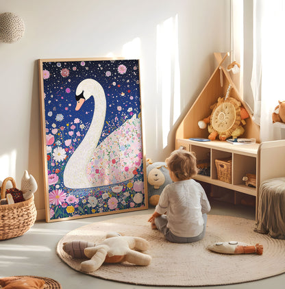 Floral white swan nursery print displayed in a bright child's room