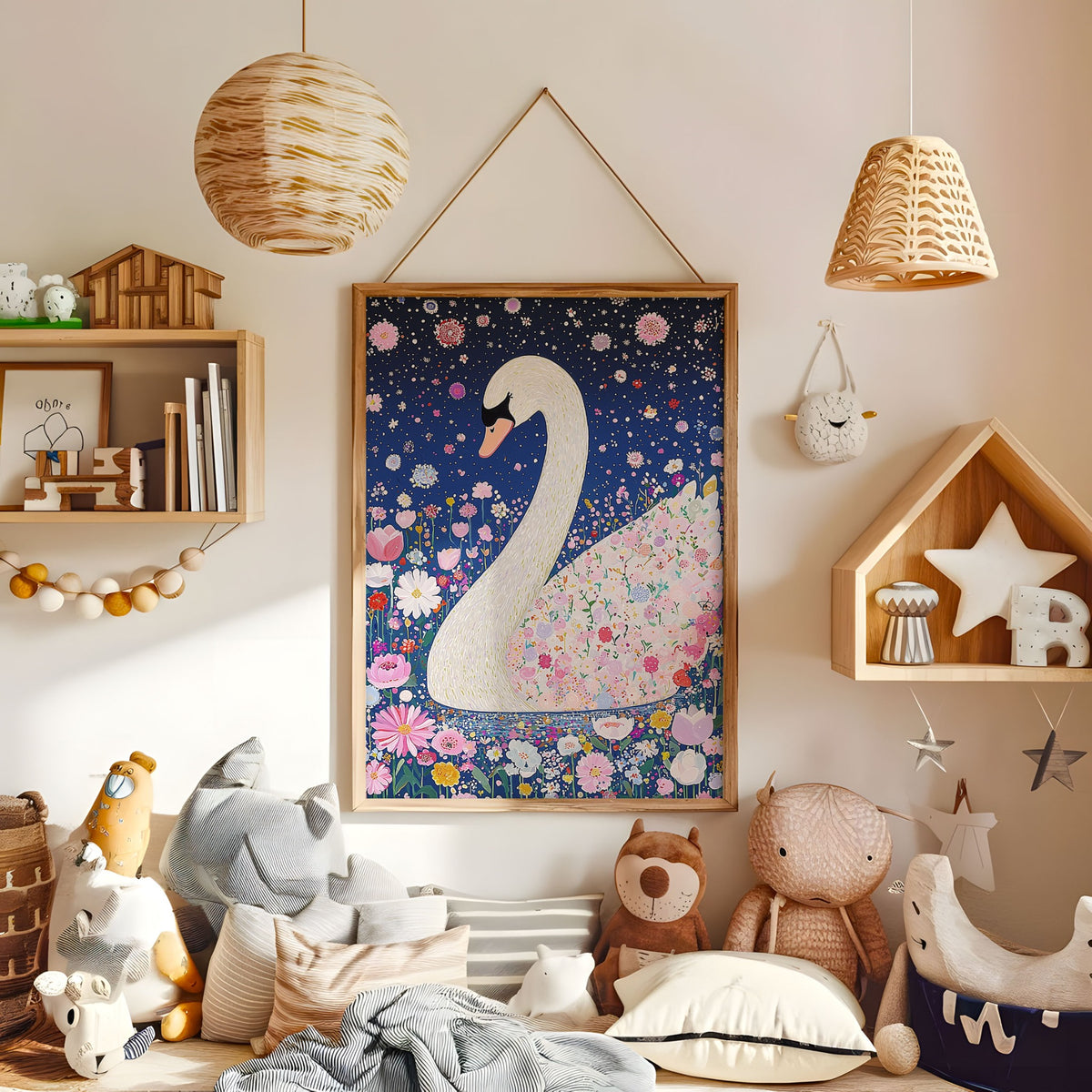 White swan and flowers nursery wall art in a warm kids bedroom