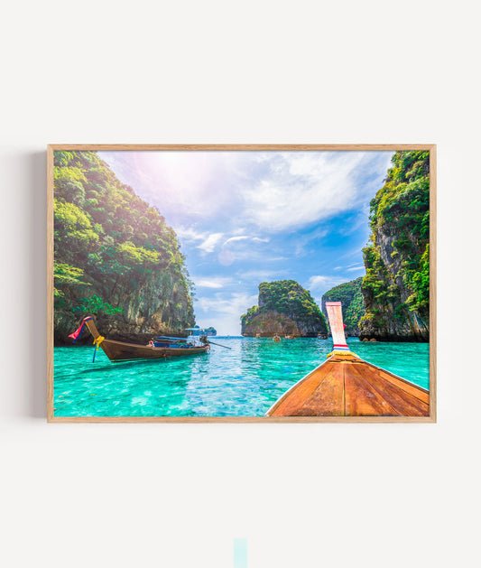 Thai Longtail Boat Print, Tropical Lagoon Photography Wall Art Poster, Island Travel Decor