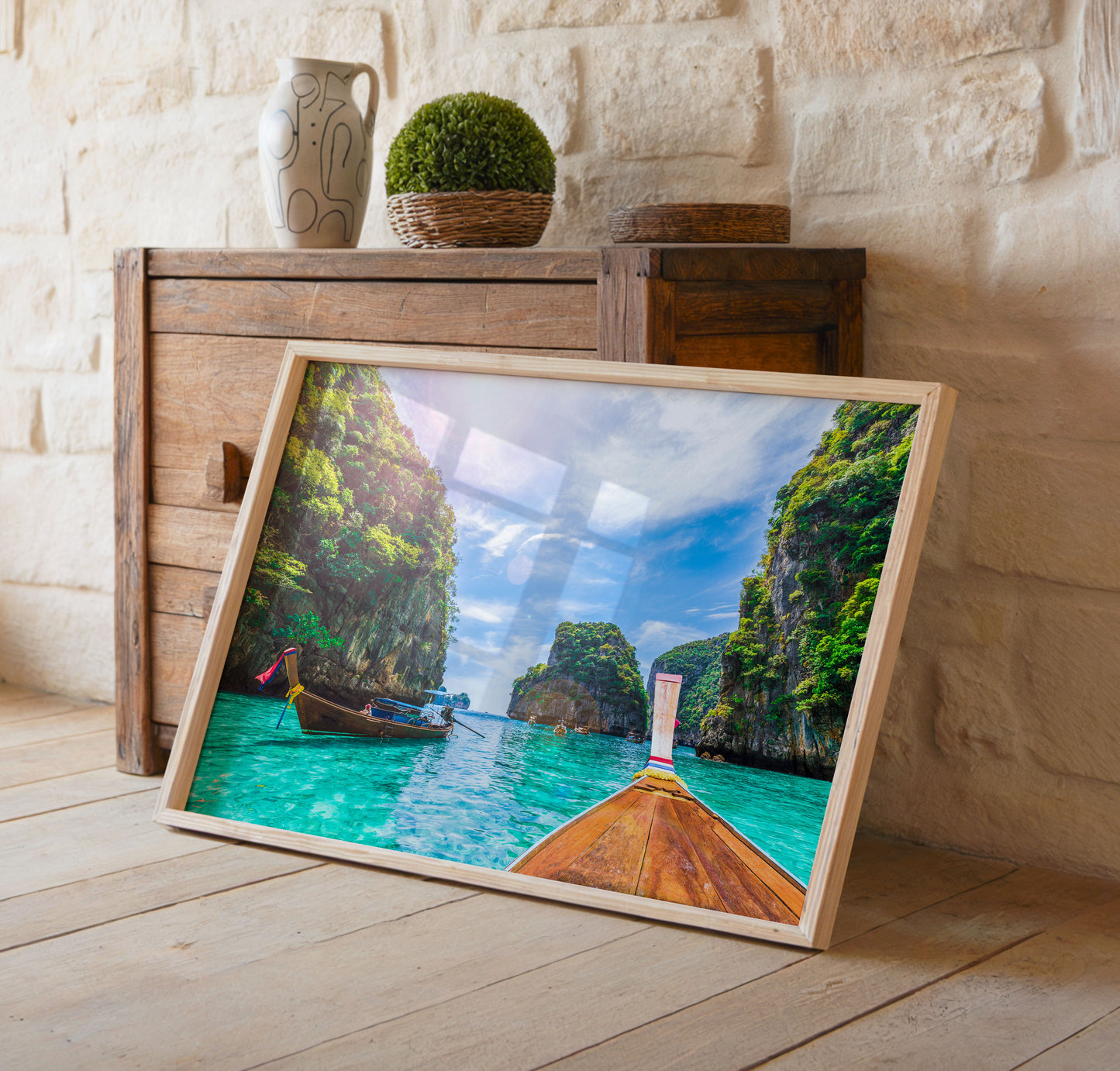 Thai Longtail Boat Print, Tropical Lagoon Photography Wall Art Poster, Island Travel Decor