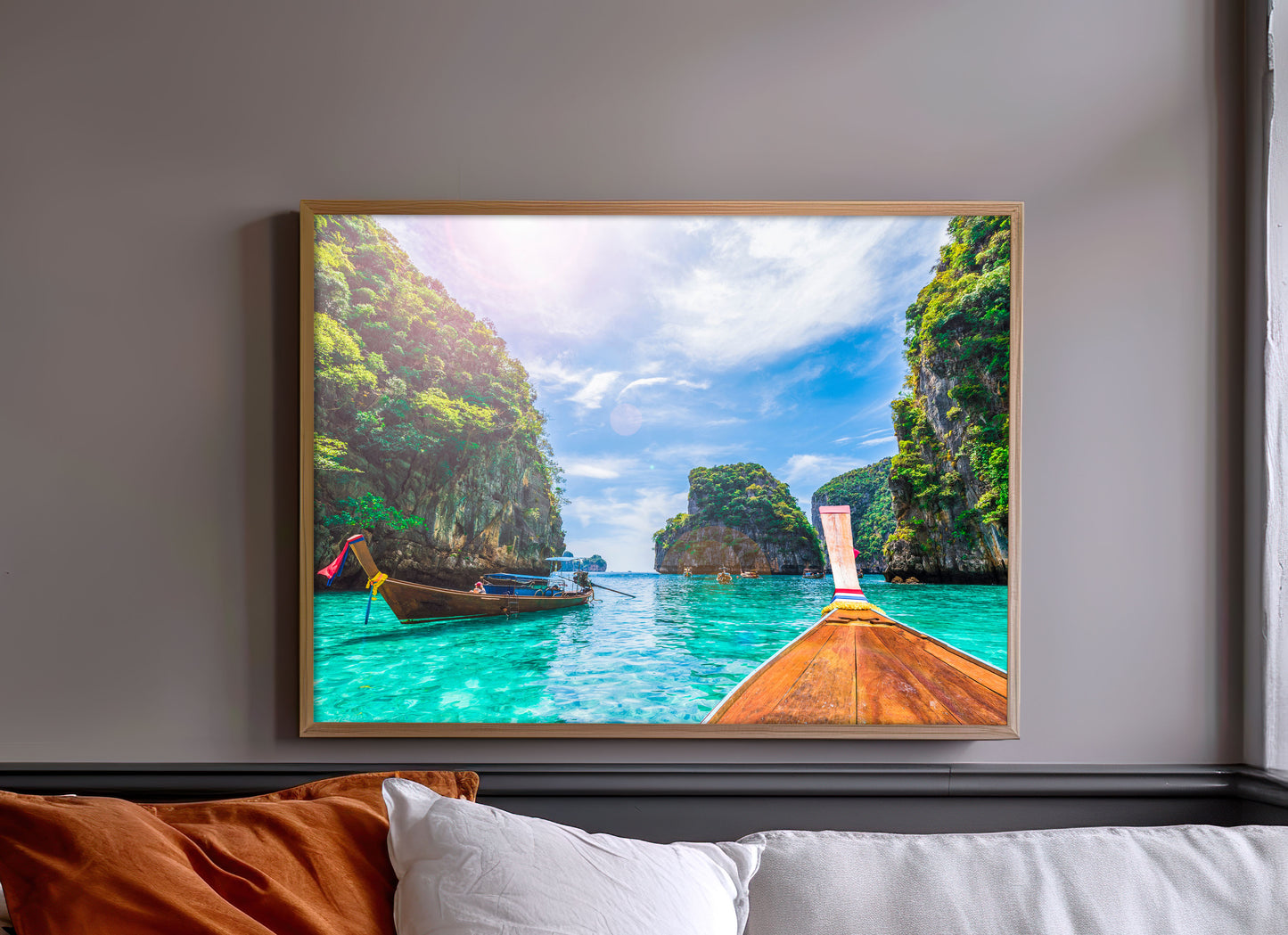 Thai Longtail Boat Print, Tropical Lagoon Photography Wall Art Poster, Island Travel Decor