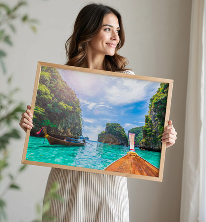 Thai Longtail Boat Print, Tropical Lagoon Photography Wall Art Poster, Island Travel Decor