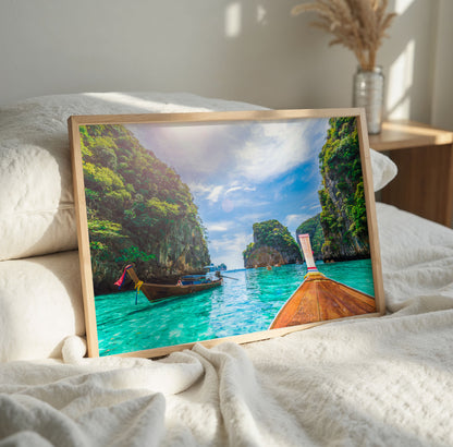 Thai Longtail Boat Print, Tropical Lagoon Photography Wall Art Poster, Island Travel Decor