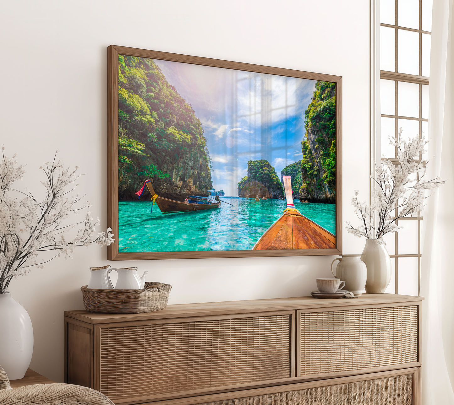 Thai Longtail Boat Print, Tropical Lagoon Photography Wall Art Poster, Island Travel Decor