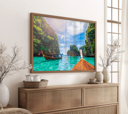 Thai Longtail Boat Print, Tropical Lagoon Photography Wall Art Poster, Island Travel Decor