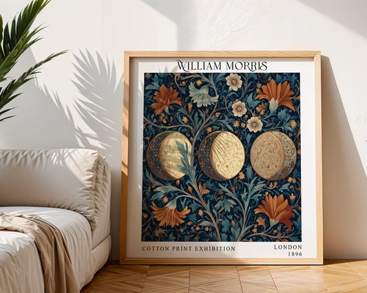 William Morris Style Ornamental Moon Print – Navy & Rust Floral Square Wall Art